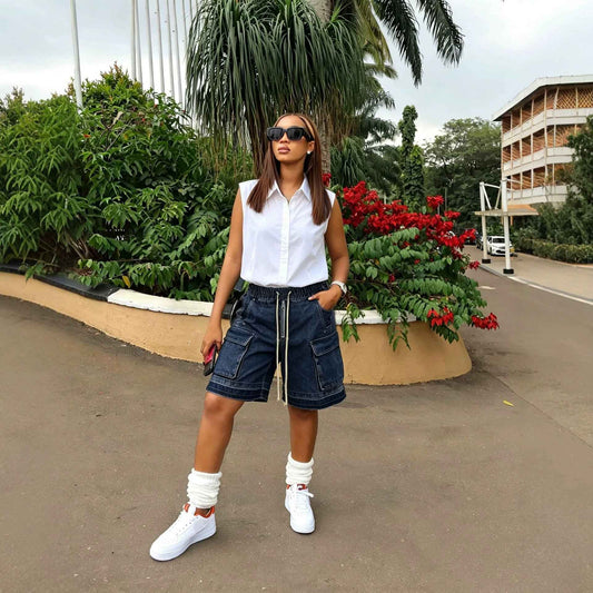 Washed Tie-Up Distressed Frayed Denim Shorts with Belt Loops