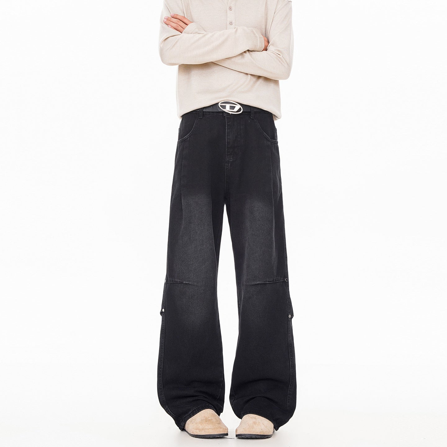 Streetwear Lightning Pattern Washed Denim Pants