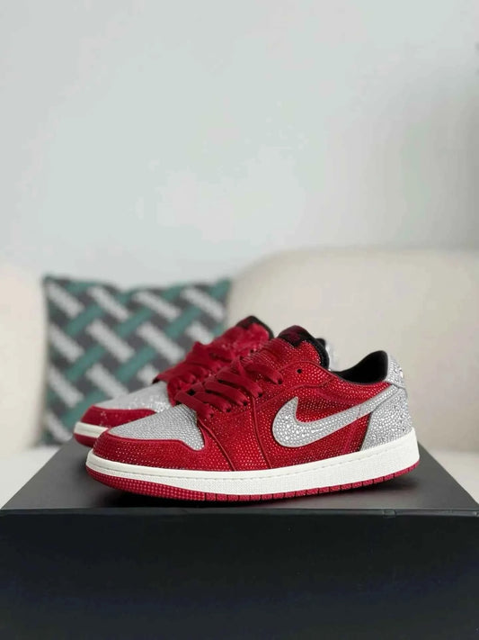 Air Jordan 1 Low “Crystal Red” Red & Silver Rhinestones