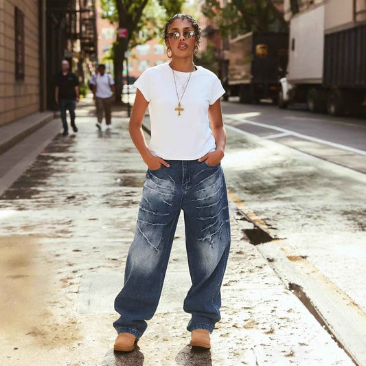 Vintage Lightning Pattern Washed Denim Pants Unisex Color Mid-Wash Style Casual Fit Jeans