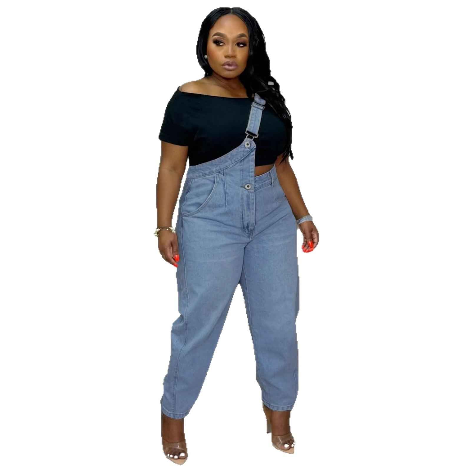 Single Shoulder Strap Washed Straight Leg Jeans Pants