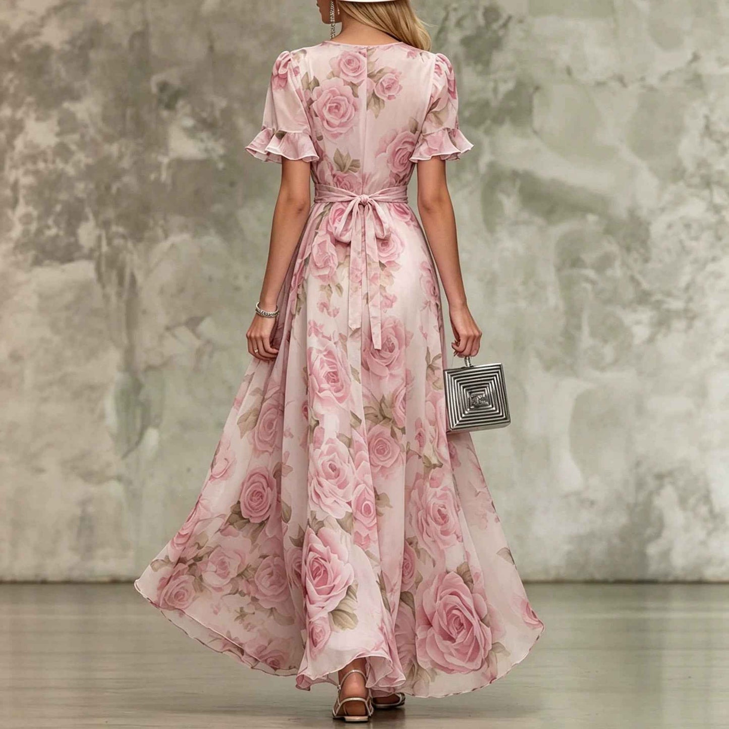 Deep V-neck ruffle sleeve printed dress