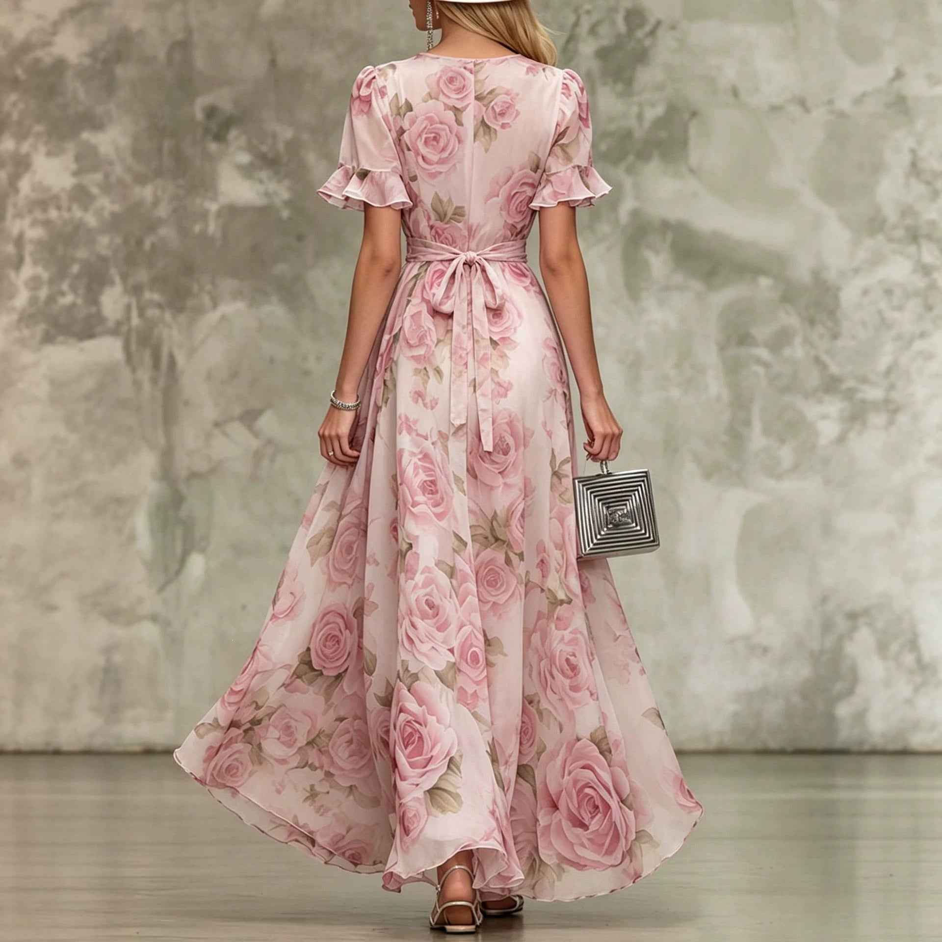 Deep V-neck ruffle sleeve printed dress