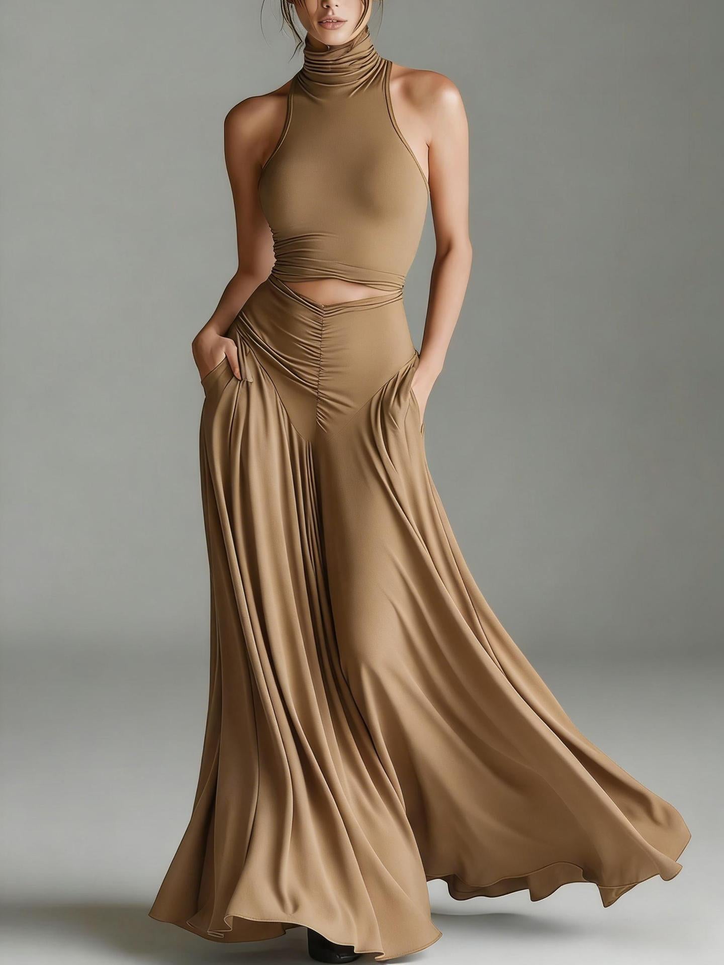 Style Sleeveless High Neck Top with Elegant Long Dress Two-Piece Set