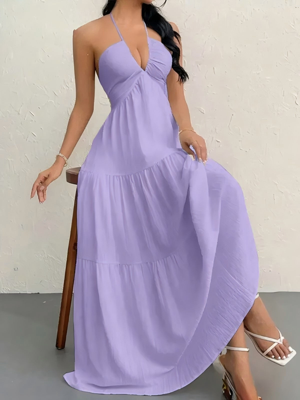 European and American Style Summer New Solid Color Strapless Sexy Backless Tie-Up Beach Vacation Casual Halter Neck Dress