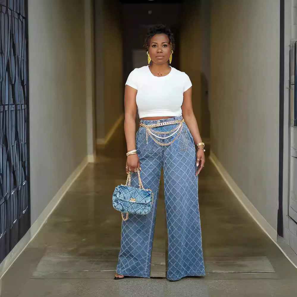 Grid Jacquard Washed High Waist Straight Leg Jeans