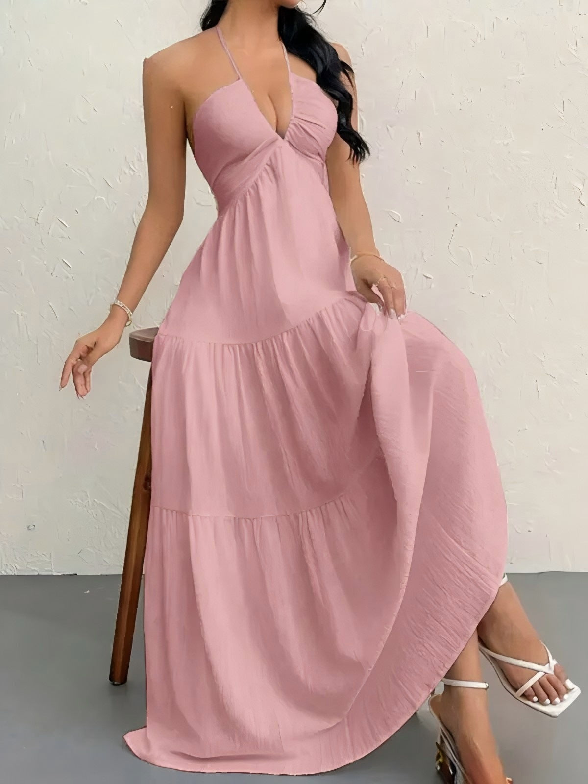 European and American Style Summer New Solid Color Strapless Sexy Backless Tie-Up Beach Vacation Casual Halter Neck Dress