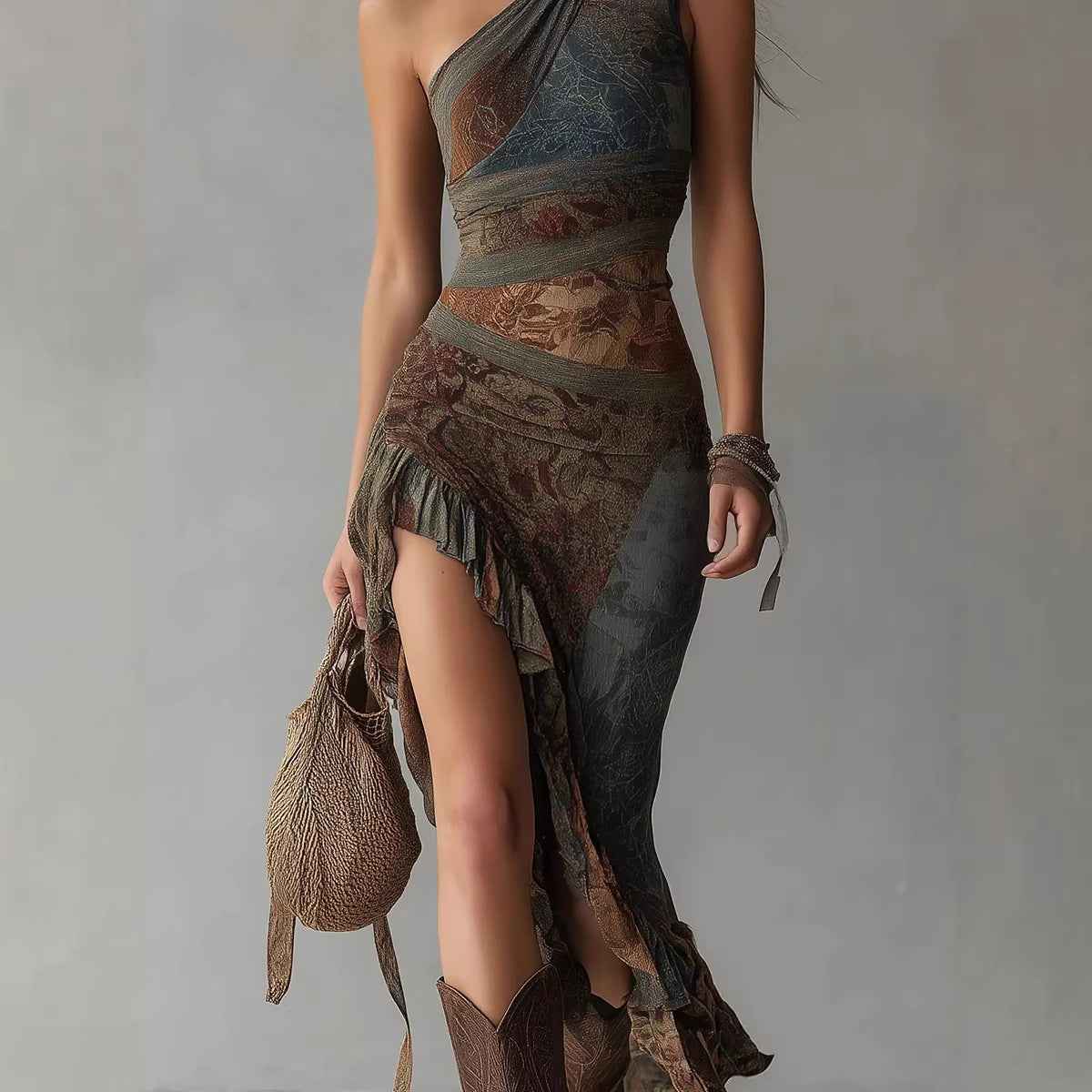 Retro Patchwork Printed Asymmetric Long Dress Slim Fit High Slit Dress