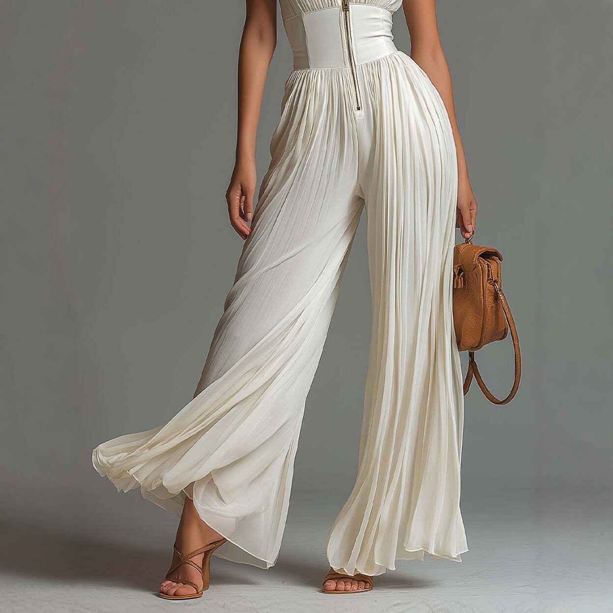 White Pleated Strap Neck Jumpsuit for Women, Long Wide Leg Fashion Sexy Folded Design