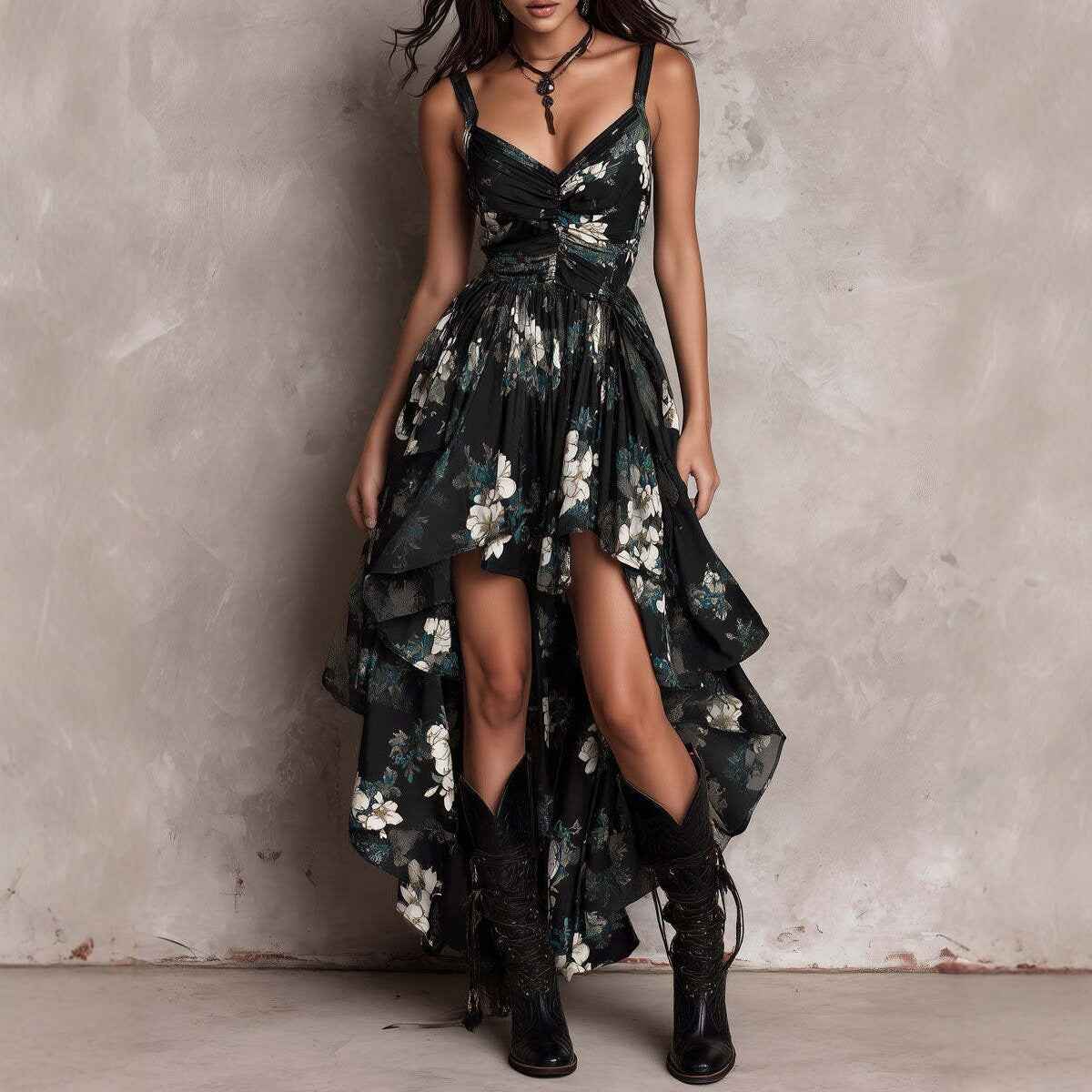 New style printed camisole dress for women, V-neck, waist cinched, high slit long skirt, fashionable vacation dress