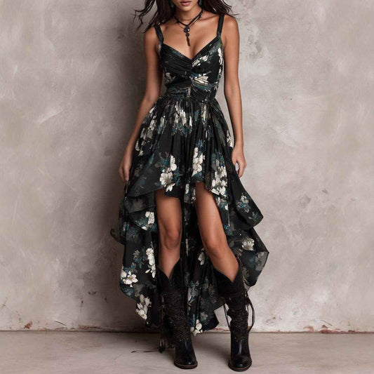 New style printed camisole dress for women, V-neck, waist cinched, high slit long skirt, fashionable vacation dress