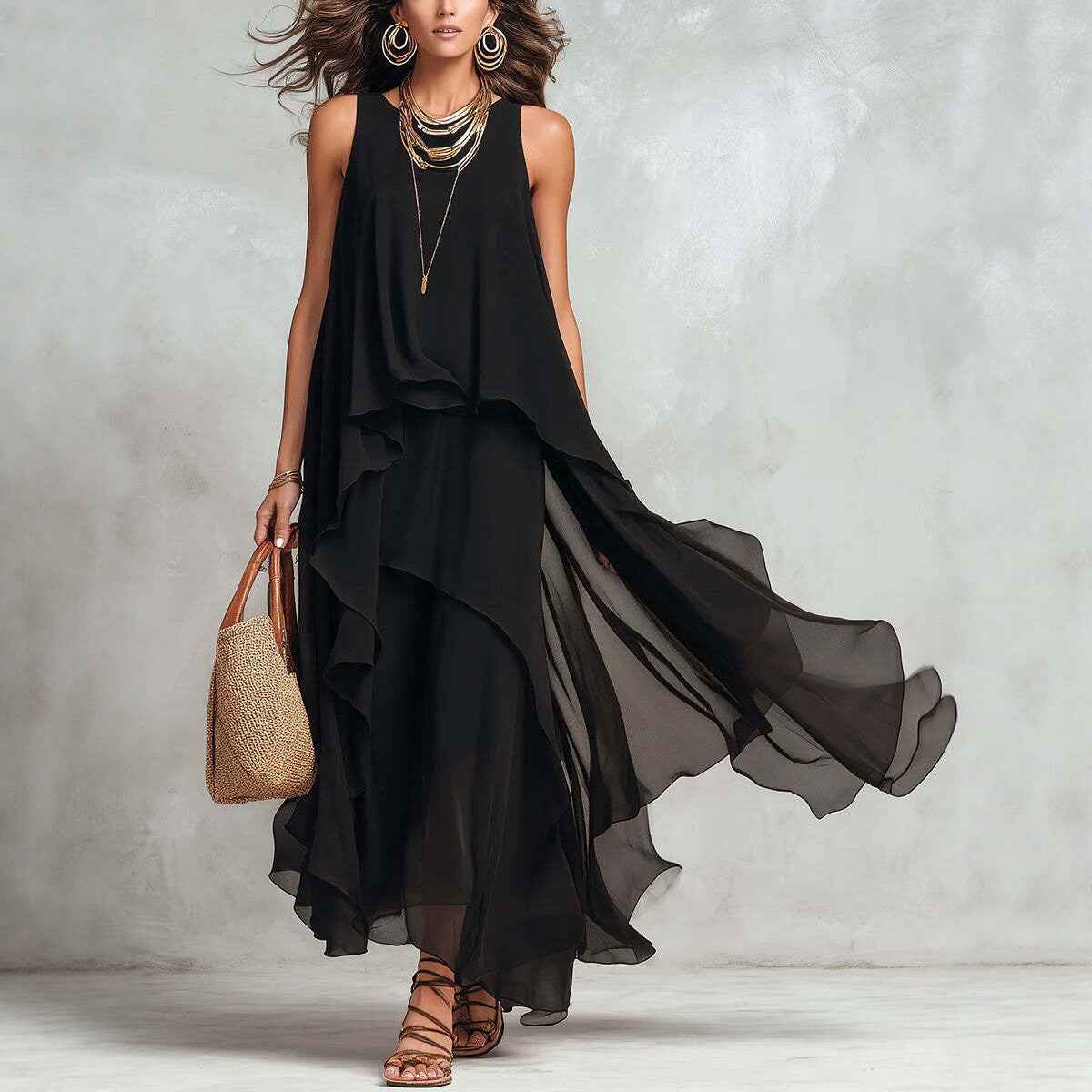 Chic Flowy Black Sleeveless Asymmetrical Chiffon Long Dress