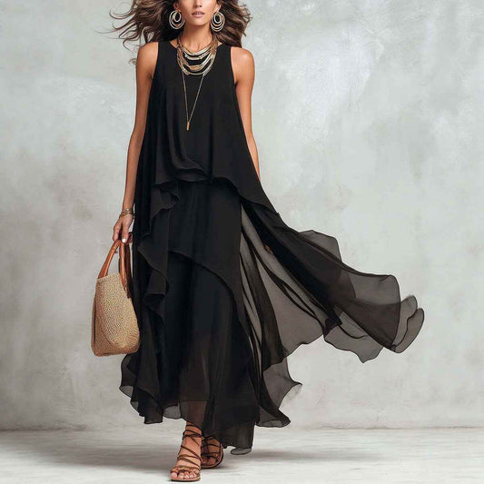 Chic Flowy Black Sleeveless Asymmetrical Chiffon Long Dress