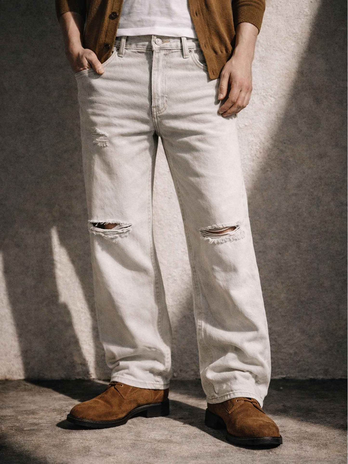 IVORY DISTRESSED BOOTCUT DENIM