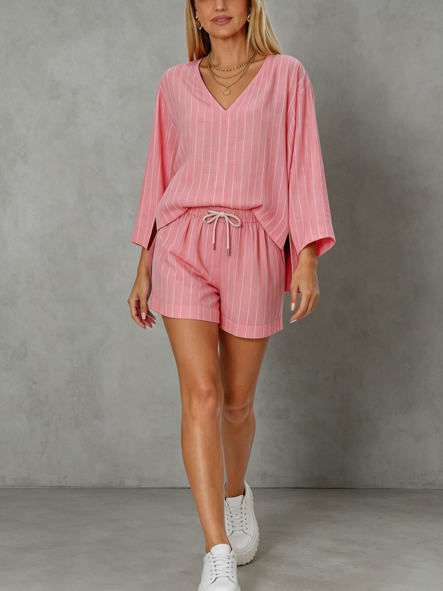 Loose V-neck long sleeved shorts striped set