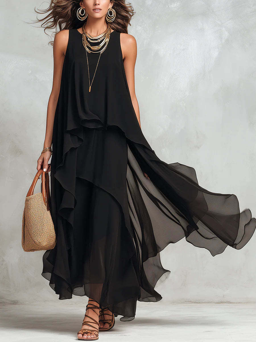 Chic Flowy Black Sleeveless Asymmetrical Chiffon Long Dress