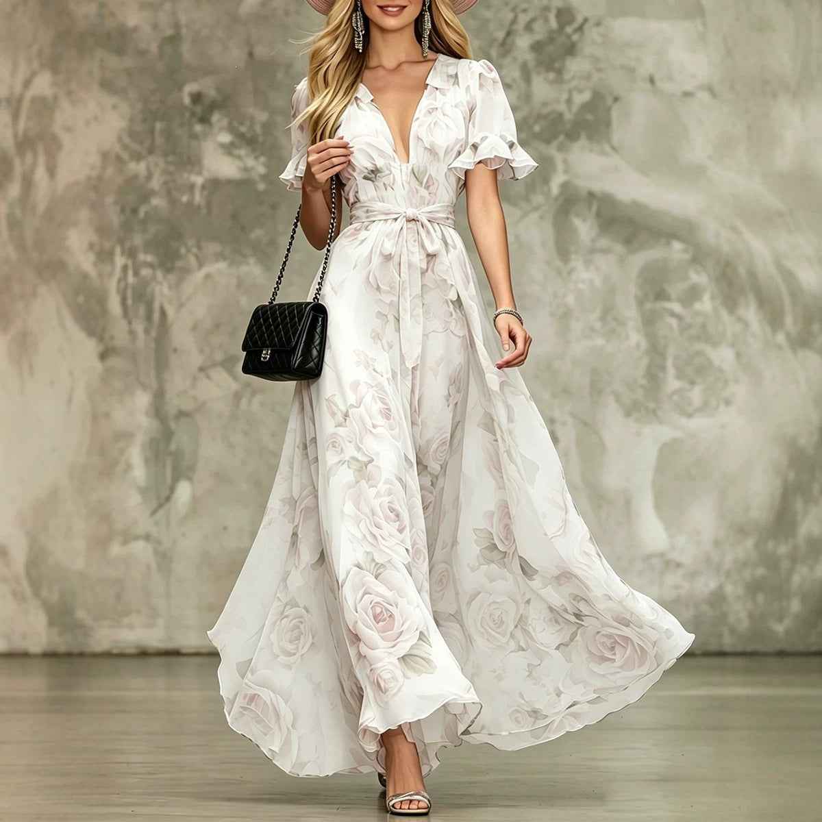 Deep V-neck ruffle sleeve printed dress