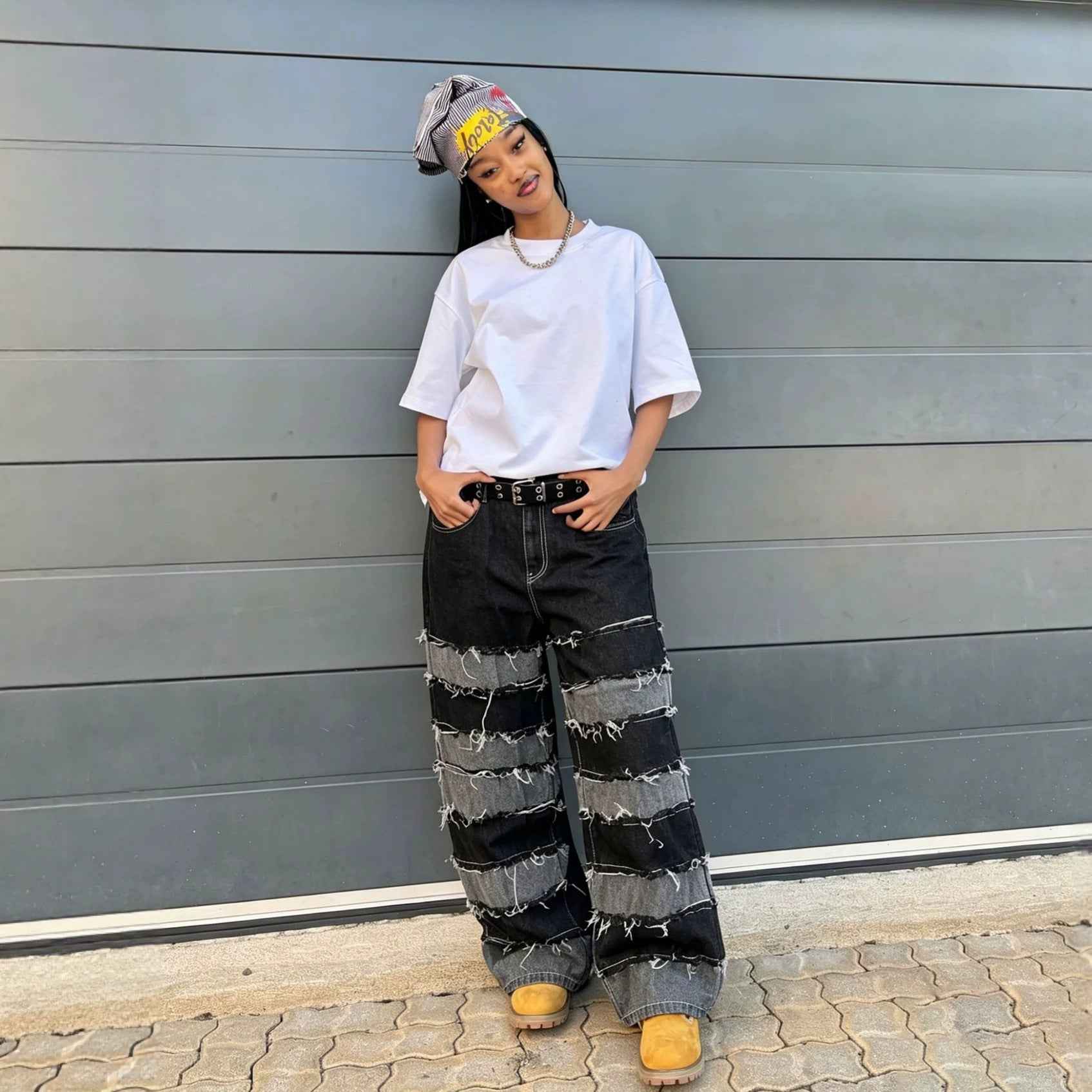Street Deconstructed Black and Gray Patchwork Raw Hem Denim Pants