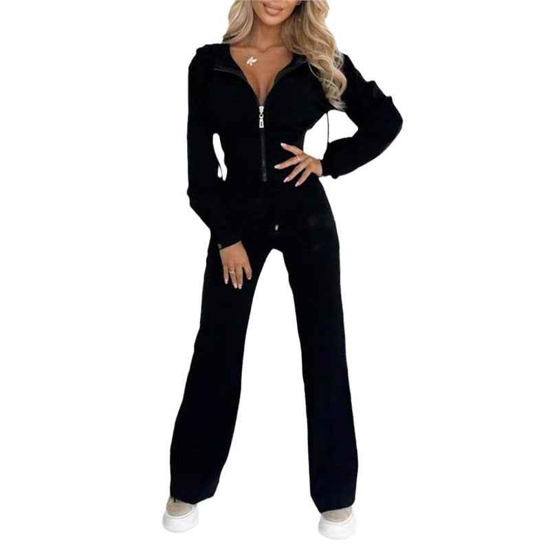Hooded Zipper Fitted Top and Wide-Leg Pants Two-Piece Set