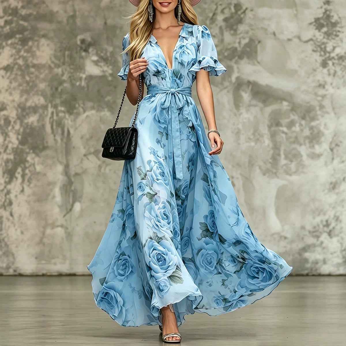 Deep V-neck ruffle sleeve printed dress