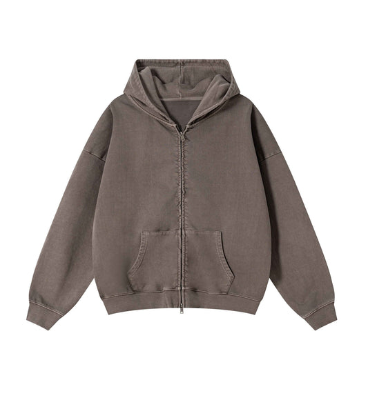 BROWN VINTAGE WASH ZIP HOODIE