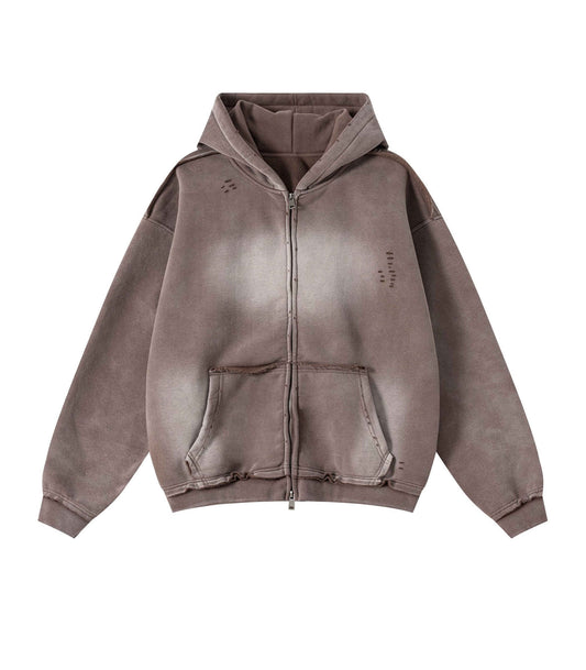BROWN DISTRESSED ZIP HOODIE