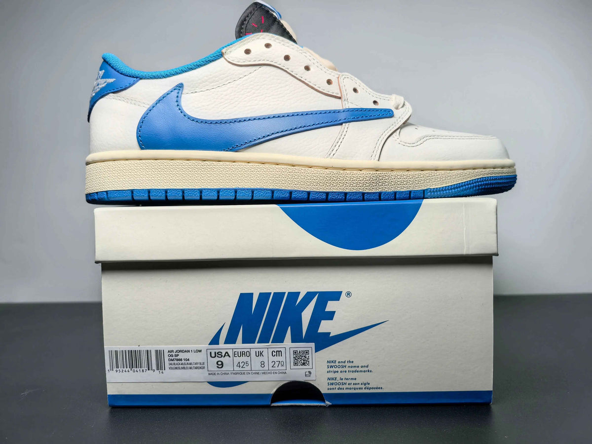 Custom Air Jordan 1 Low Travis Scott Fragment sneaker in blue and white on Nike box