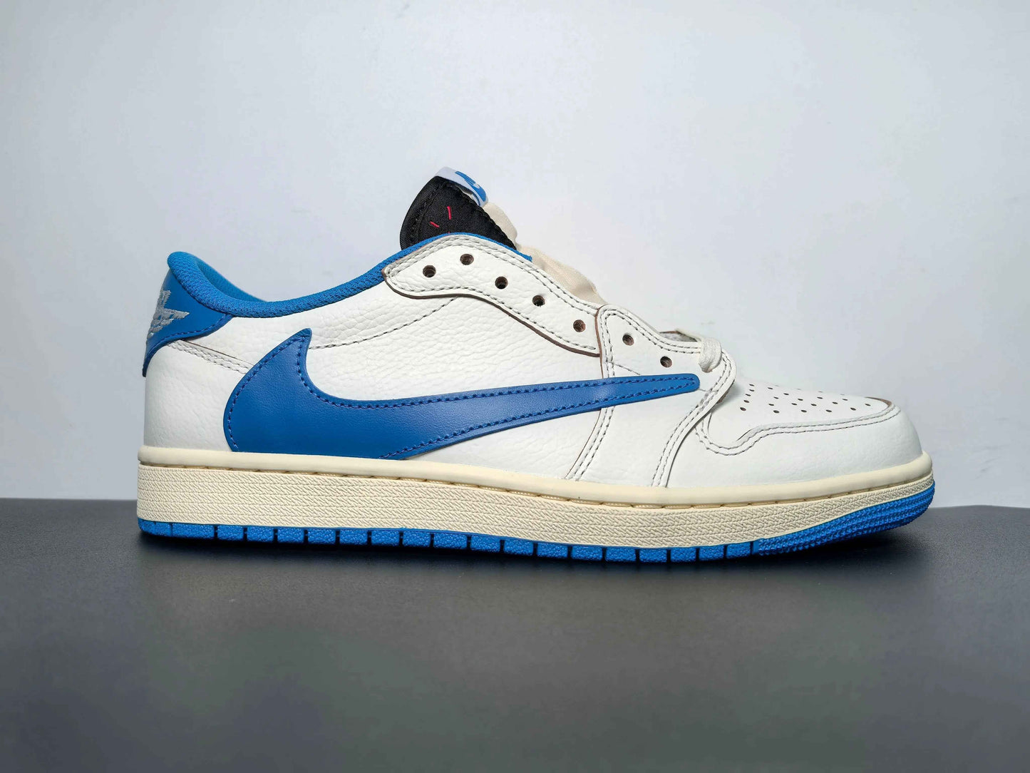 Luxury urban wear white and blue low-top sneaker on display, premium leather streetwear shoe