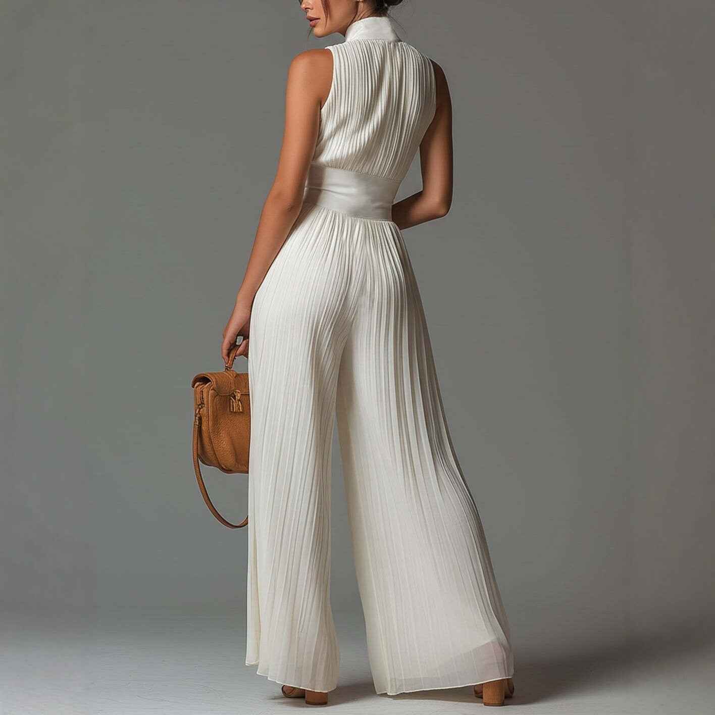White Pleated Strap Neck Jumpsuit for Women, Long Wide Leg Fashion Sexy Folded Design