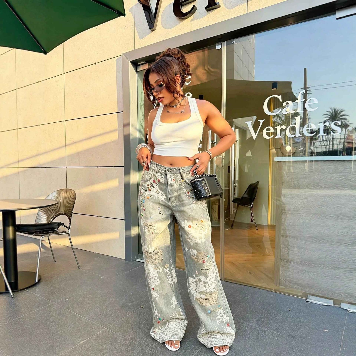 Fashion Lace Color Brick Ripped 3D Printed Jeans