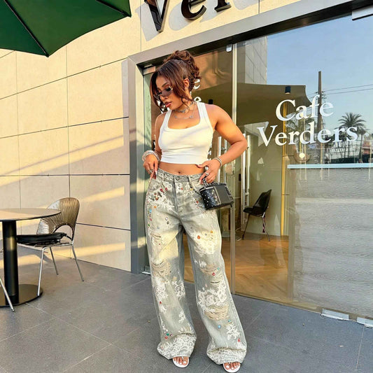 Fashion Lace Color Brick Ripped 3D Printed Jeans