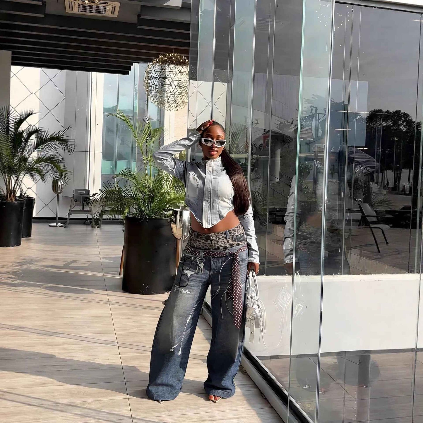 Street Style Fun Leopard Print 3D Printed Denim Pants with Double Waistband