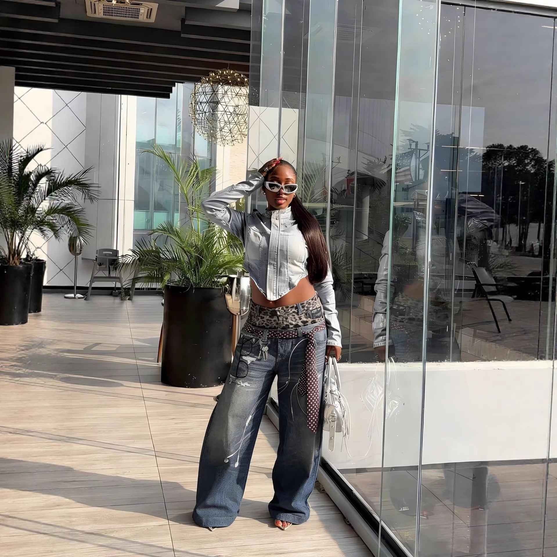 Street Style Fun Leopard Print 3D Printed Denim Pants with Double Waistband
