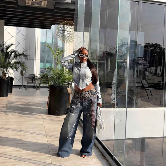 Street Style Fun Leopard Print 3D Printed Denim Pants with Double Waistband