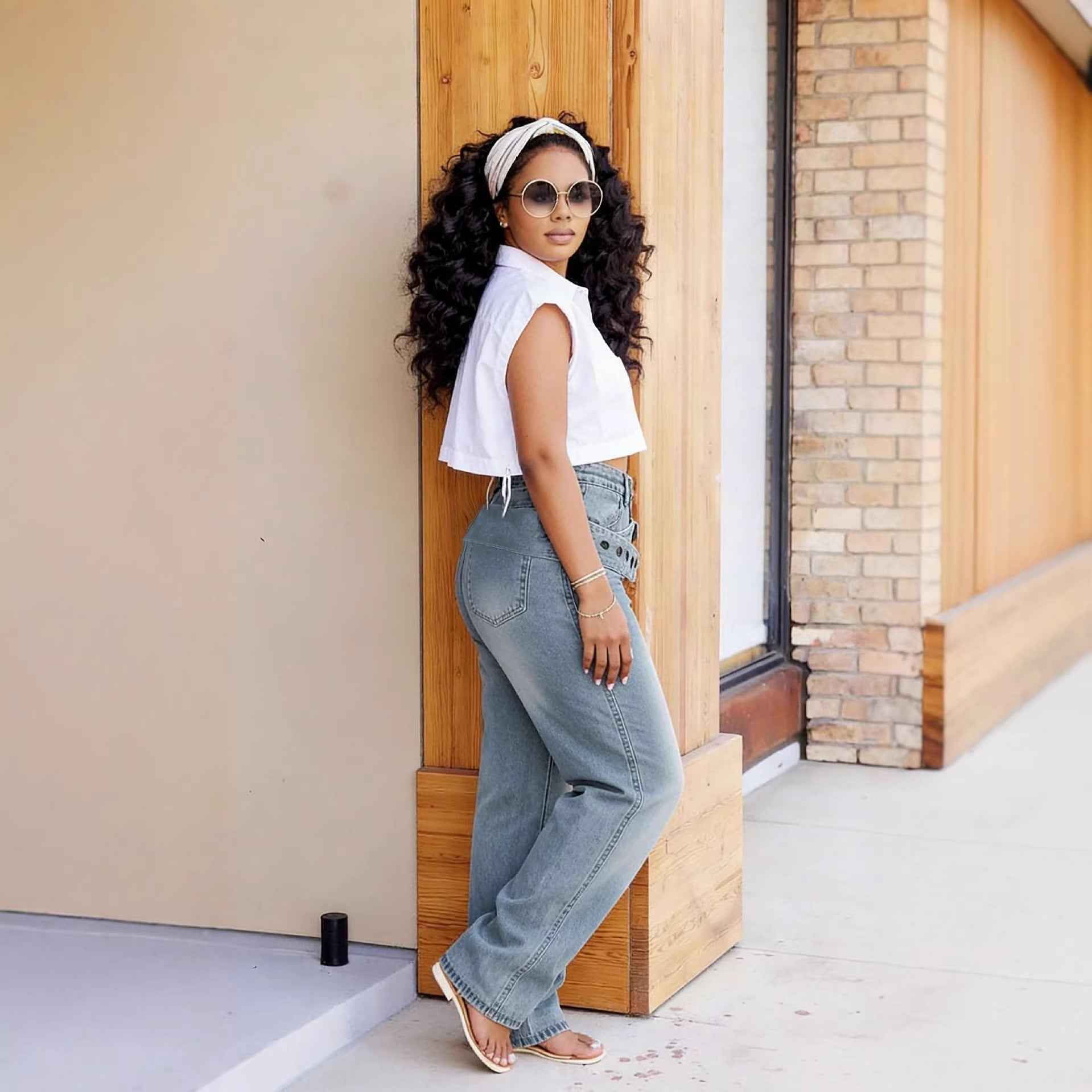 Street Style Detachable Multi-Pocket Belted Washed Distressed Denim Pants