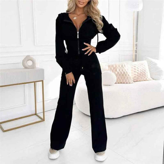 Hooded Zipper Fitted Top and Wide-Leg Pants Two-Piece Set
