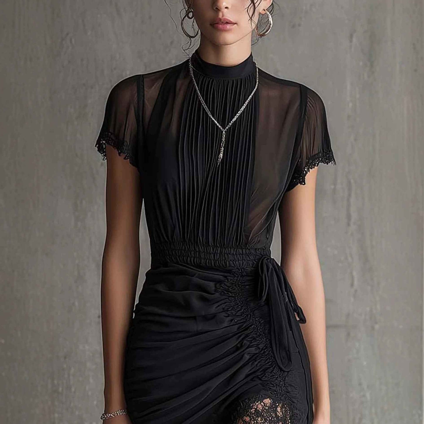 New European black see through lace patchwork dress, slim and tall, slit skirt with lace