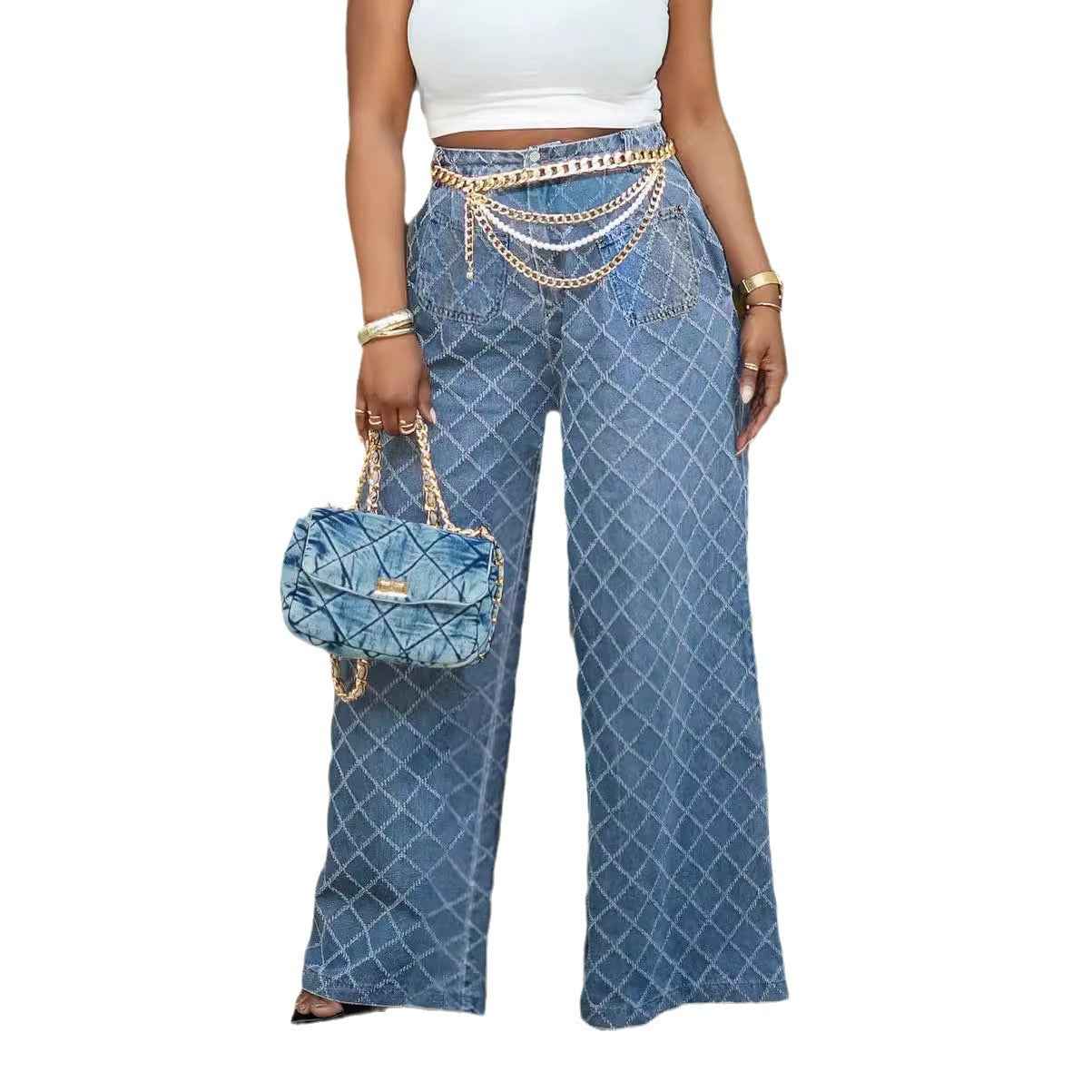 Grid Jacquard Washed High Waist Straight Leg Jeans