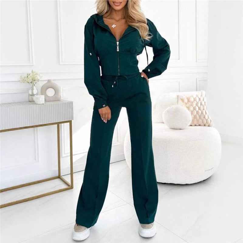 Hooded Zipper Fitted Top and Wide-Leg Pants Two-Piece Set
