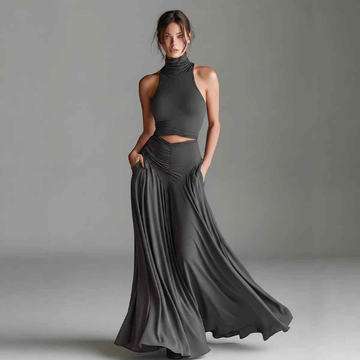Style Sleeveless High Neck Top with Elegant Long Dress Two-Piece Set