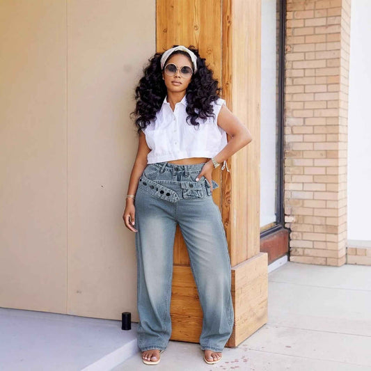 Street Style Detachable Multi-Pocket Belted Washed Distressed Denim Pants