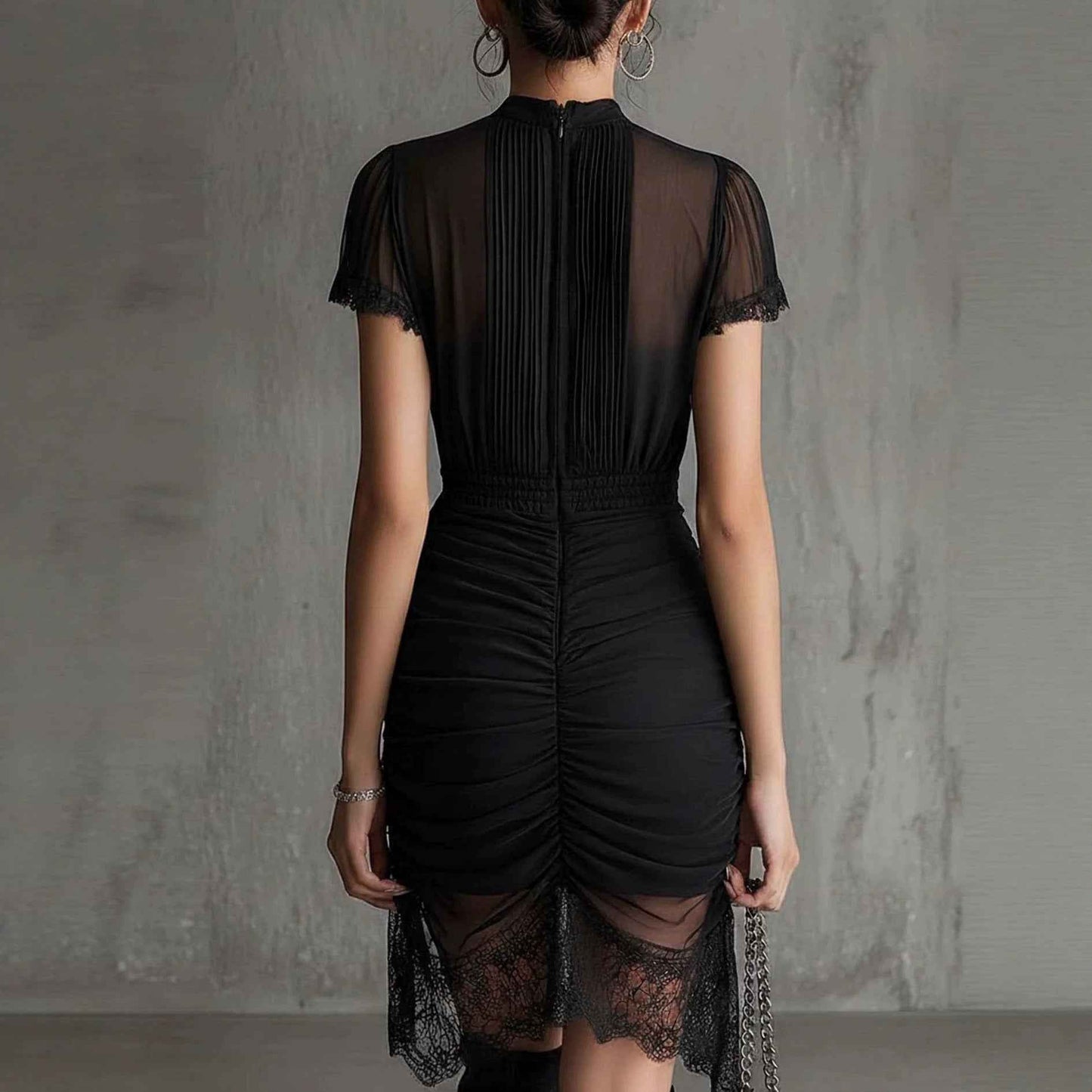 New European black see through lace patchwork dress, slim and tall, slit skirt with lace