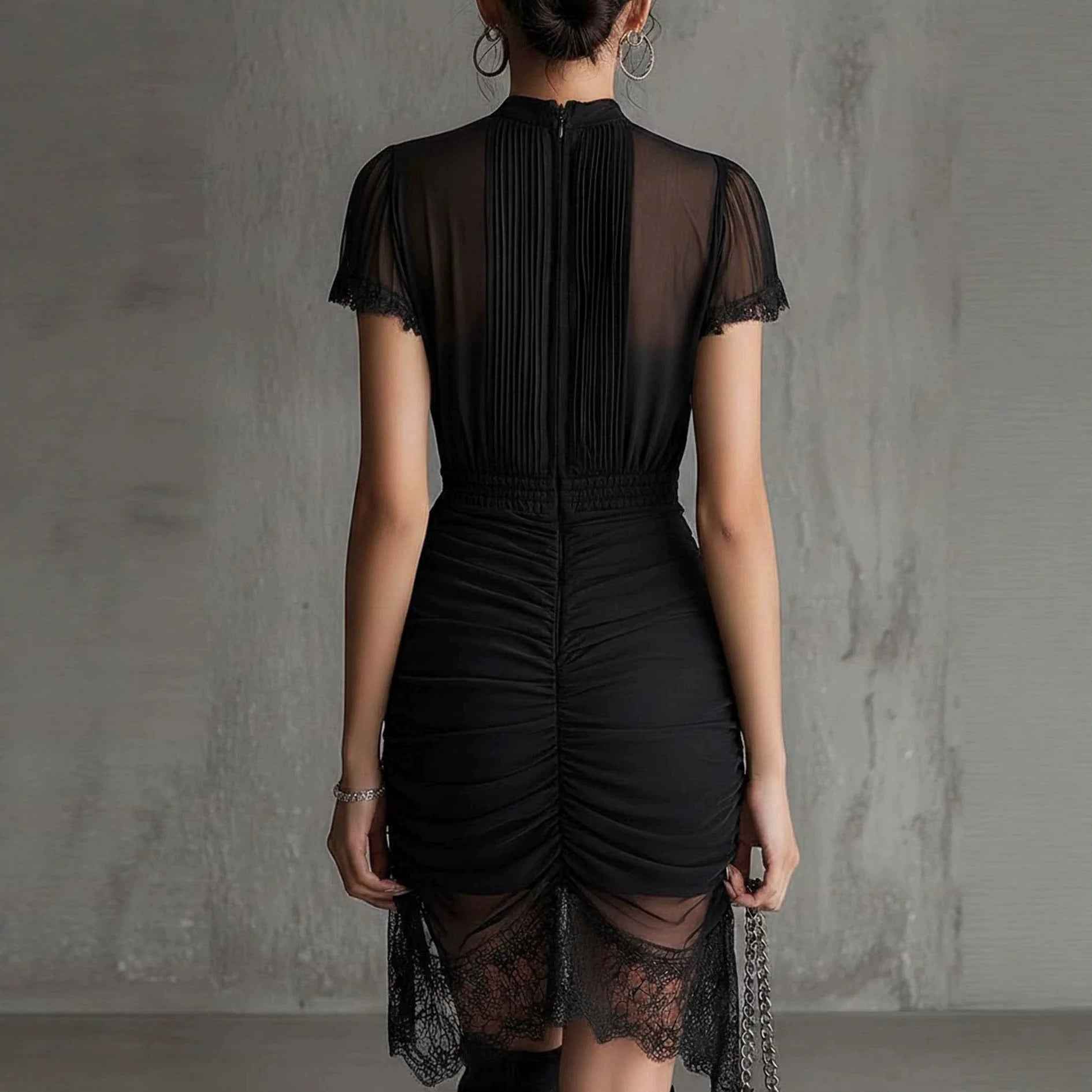 New European black see through lace patchwork dress, slim and tall, slit skirt with lace