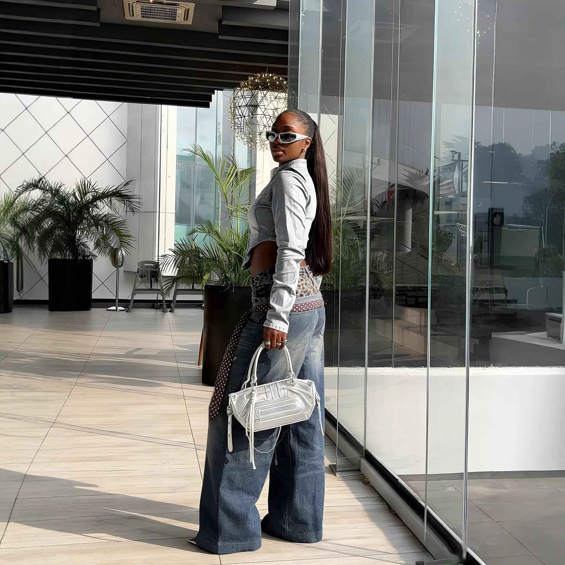 Street Style Fun Leopard Print 3D Printed Denim Pants with Double Waistband