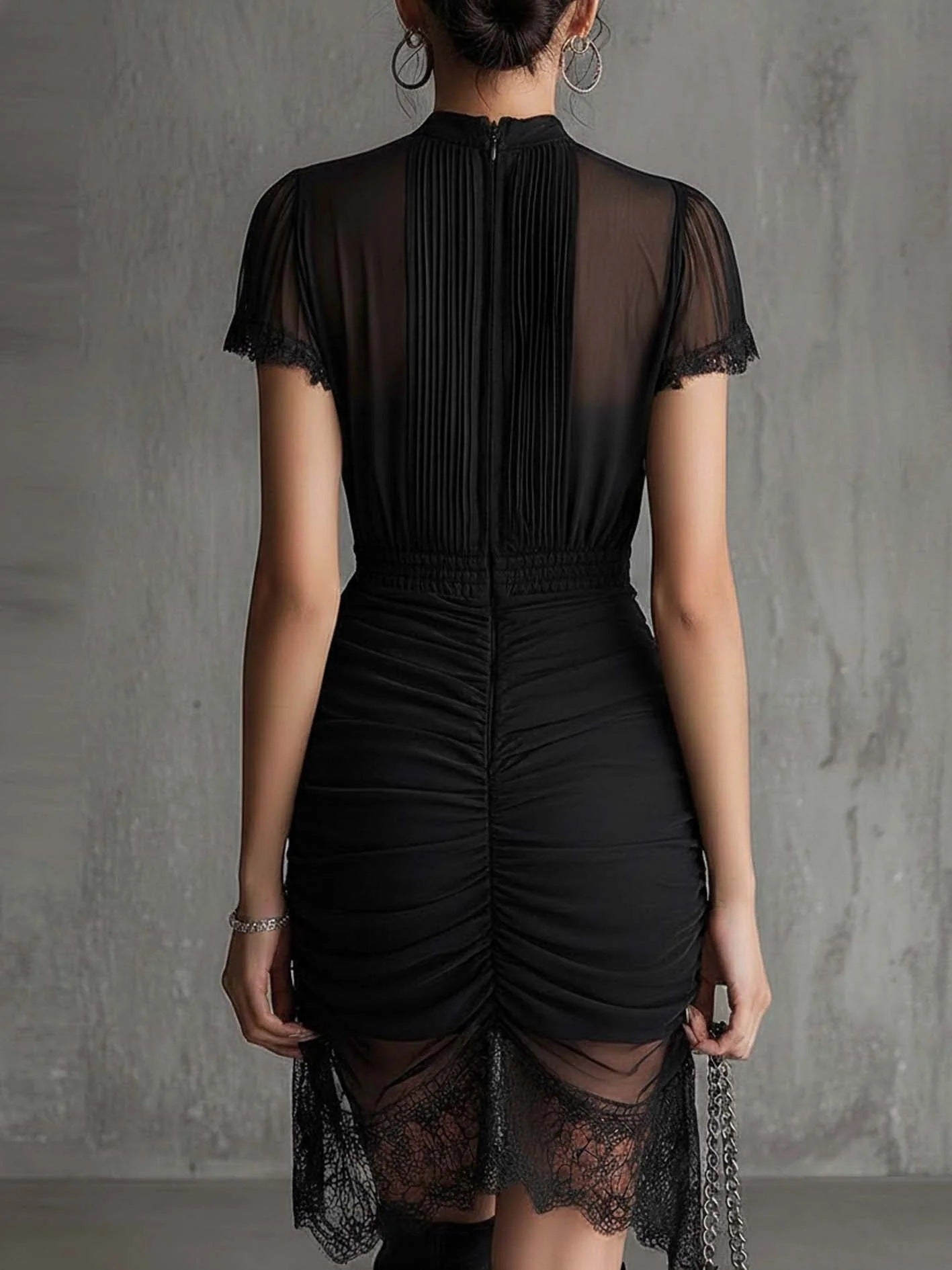 New European black see through lace patchwork dress, slim and tall, slit skirt with lace
