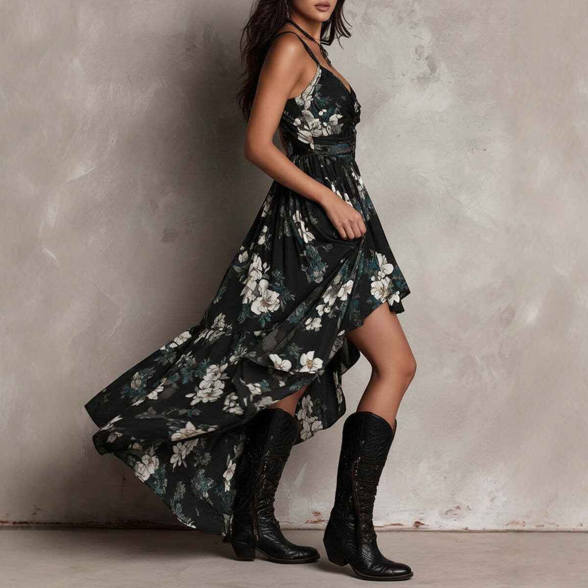 New style printed camisole dress for women, V-neck, waist cinched, high slit long skirt, fashionable vacation dress