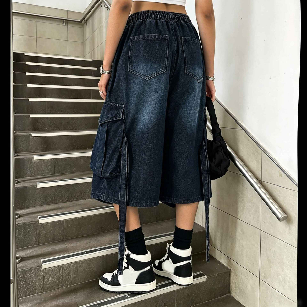 Workwear Denim Pants with Washed Finish Elastic Drawstring Waist Casual Style Bottoms