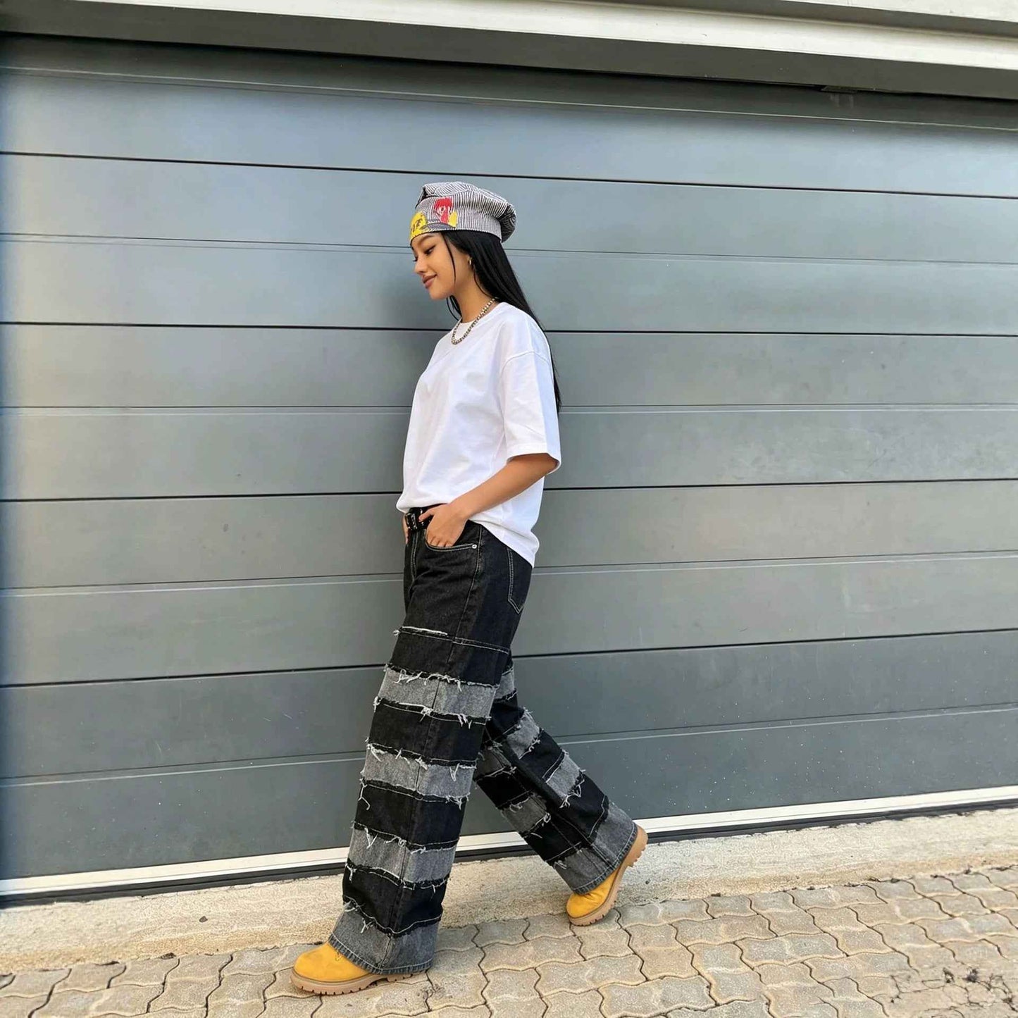 Street Deconstructed Black and Gray Patchwork Raw Hem Denim Pants