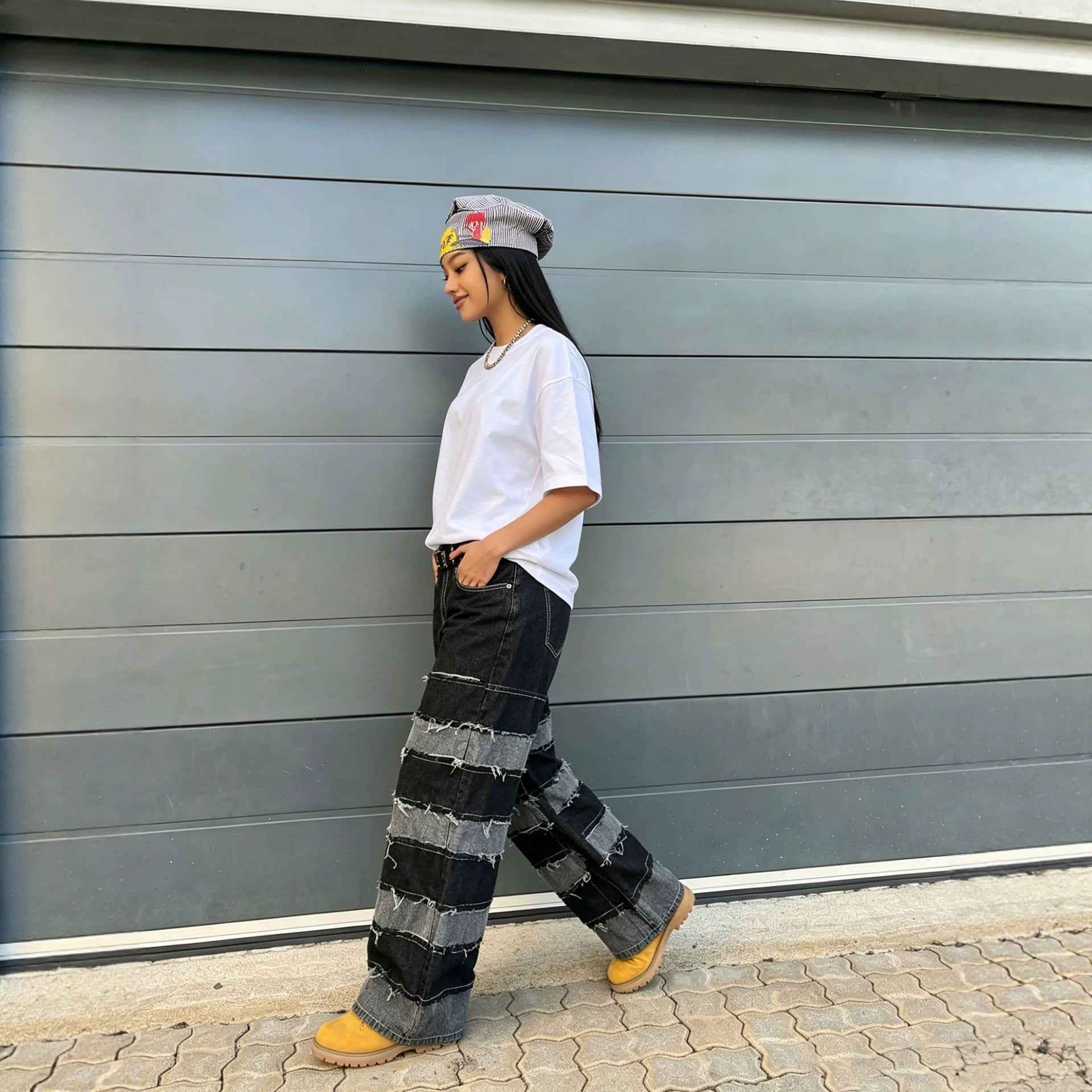 Street Deconstructed Black and Gray Patchwork Raw Hem Denim Pants