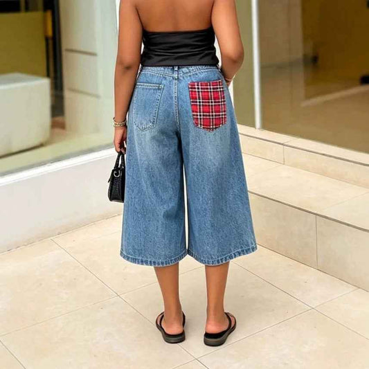 Patchwork Checkered Washed Seven-Quarter Denim Pants